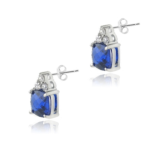 Sterling Silver 2ct Created Blue Sapphire & CZ Cushion Cut Stud Earrings-2