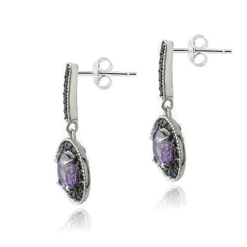 Sterling Silver 2.5ct Amethyst & Black Spinel Round Dangle Earrings-2