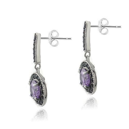 Sterling Silver 2.5ct Amethyst & Black Spinel Round Dangle Earrings