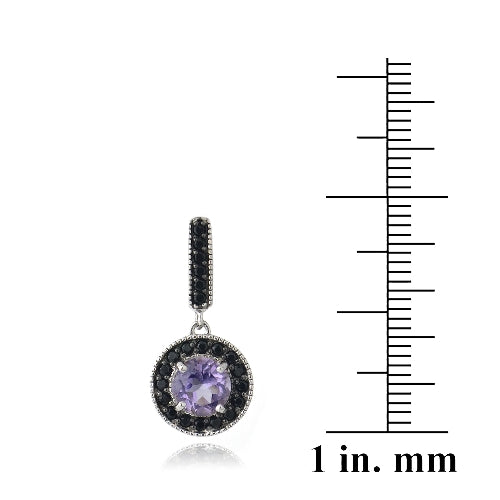 Sterling Silver 2.5ct Amethyst & Black Spinel Round Dangle Earrings-3