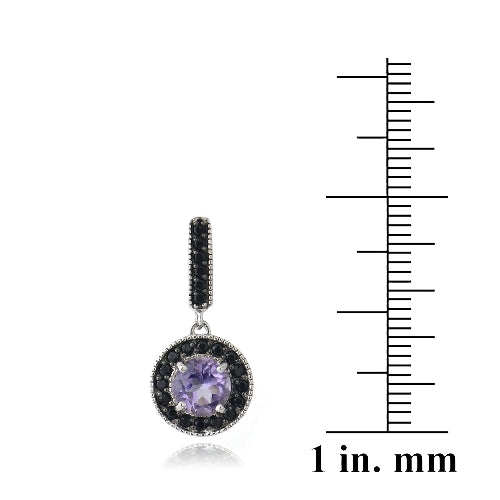 Sterling Silver 2.5ct Amethyst & Black Spinel Round Dangle Earrings