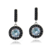 Sterling Silver 3ct Blue Topaz & Black Spinel Round Dangle Earrings