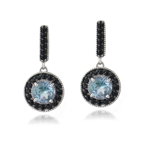 Sterling Silver 3ct Blue Topaz & Black Spinel Round Dangle Earrings-2