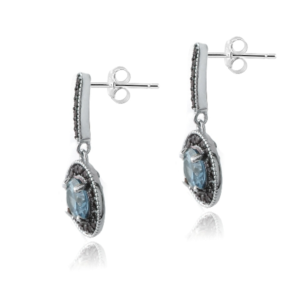 Sterling Silver 3ct Blue Topaz & Black Spinel Round Dangle Earrings-3