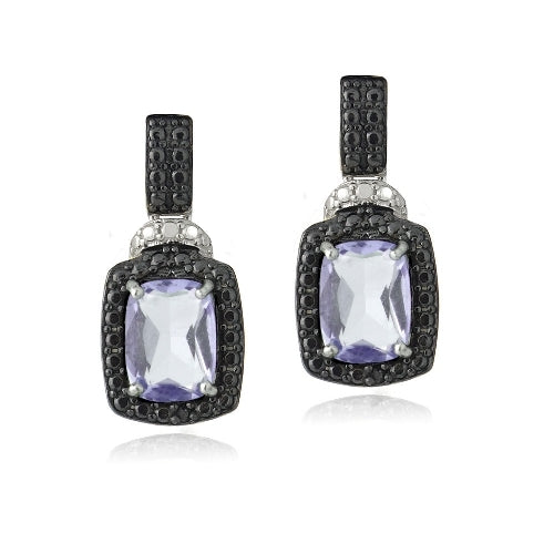 Sterling Silver 3ct Amethyst & Black Diamond Accent Rectangle Dangle Earrings