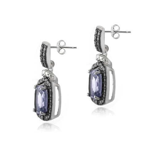 Sterling Silver 3ct Amethyst & Black Diamond Accent Rectangle Dangle Earrings-2