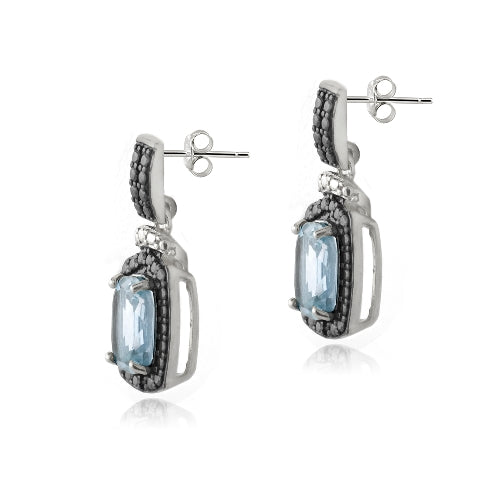 Sterling Silver 3.8ct Blue Topaz & Black Diamond Accent Rectangle Dangle Earrings-2