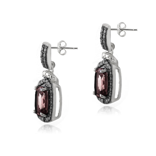 Sterling Silver 3.8ct Garnet & Black Diamond Accent Rectangle Dangle Earrings-2