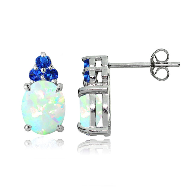 Sterling Silver Created White Opal & Blue Sapphire Oval Drop Earrings