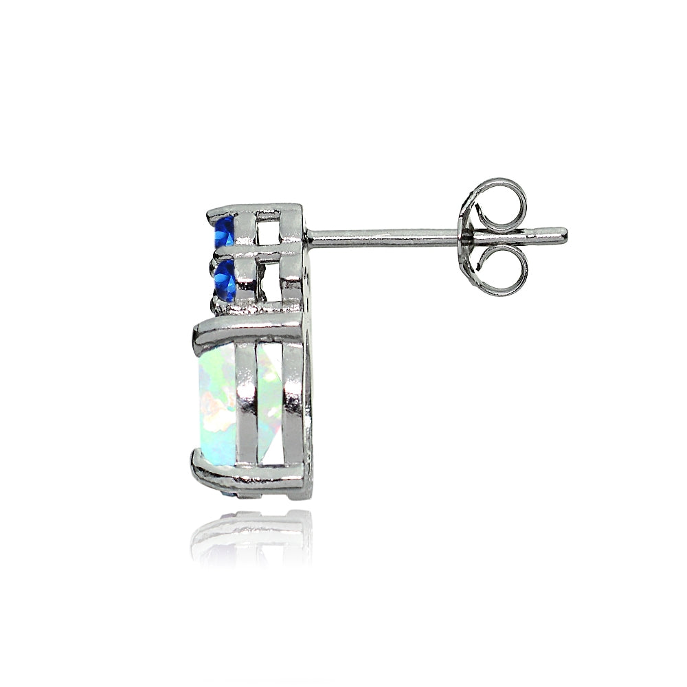Sterling Silver Created White Opal & Blue Sapphire Oval Drop Earrings-2