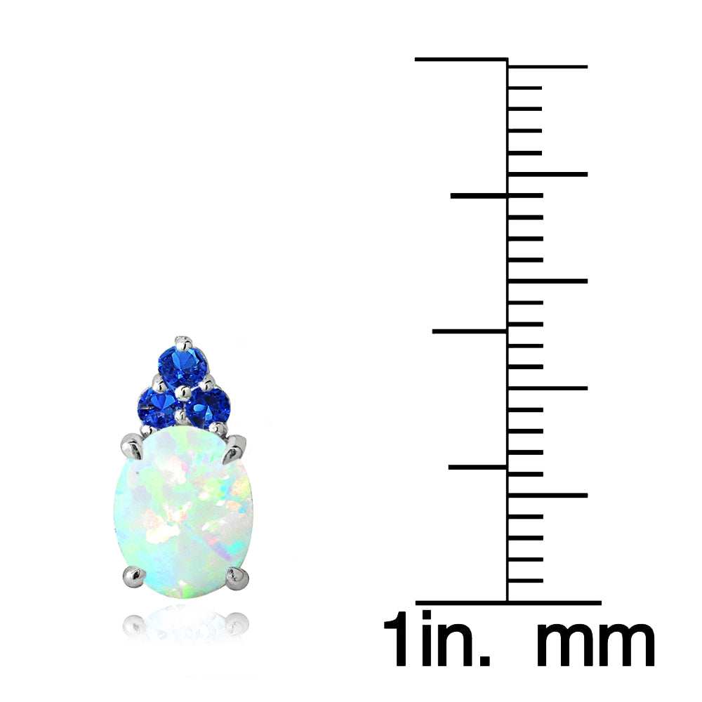 Sterling Silver Created White Opal & Blue Sapphire Oval Drop Earrings-3