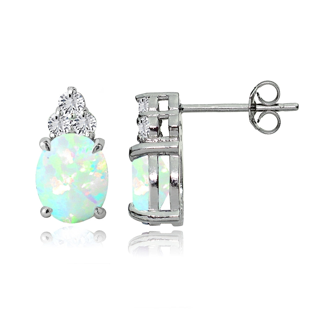 Sterling Silver Created White Opal & White Sapphire Oval Drop Earrings