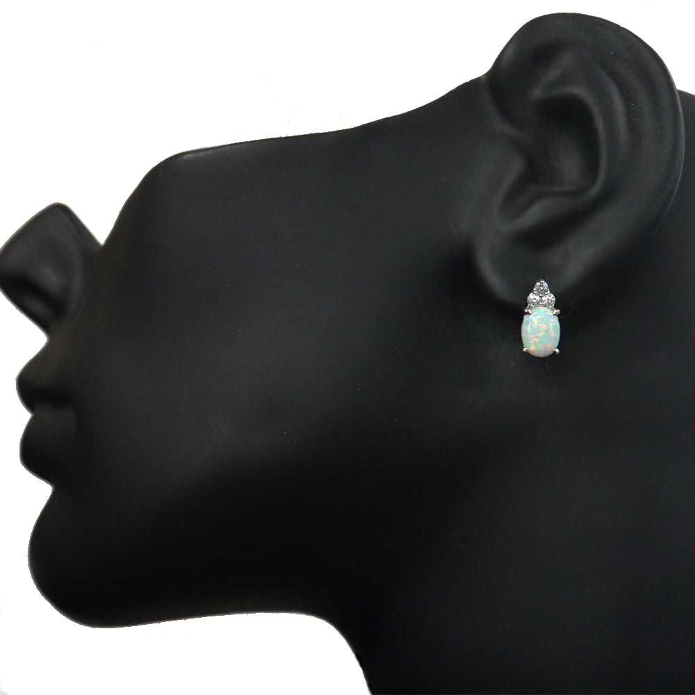 Sterling Silver Created White Opal & White Sapphire Oval Drop Earrings-4