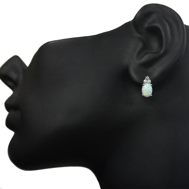 Sterling Silver Created White Opal & White Sapphire Oval Drop Earrings