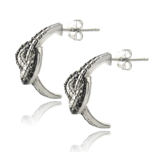 Sterling Silver 1/10 ct Black Diamond Black & White Bow Love Knot Half Hoop Earrings
