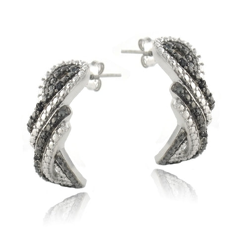 Sterling Silver 1/10 ct Black Diamond Black & White Infinity Loop Half Hoop Earrings