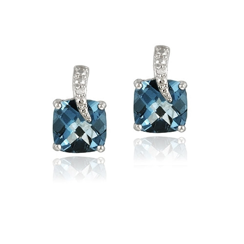 Sterling Silver 6.7ct London Blue Topaz & Diamond Accent Cushion Cut Curve Earrings
