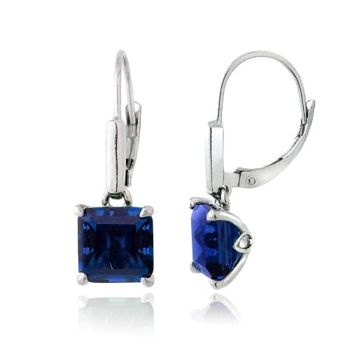 Sterling Silver 5.5ct Created Blue Sapphire Square Leverback Earrings