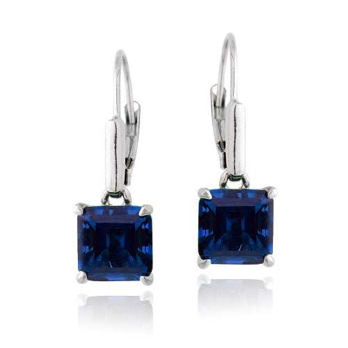 Sterling Silver 5.5ct Created Blue Sapphire Square Leverback Earrings-2