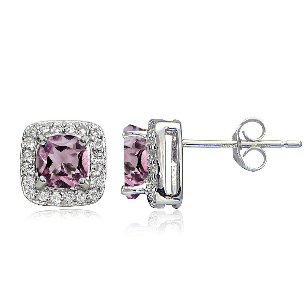 Sterling Silver Purple & Clear Cubic Zirconia Cushion-Cut Stud Earrings