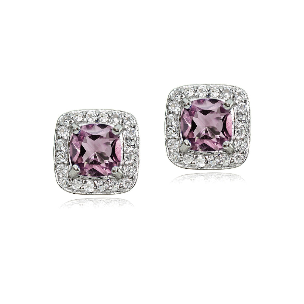 Sterling Silver Purple & Clear Cubic Zirconia Cushion-Cut Stud Earrings-2