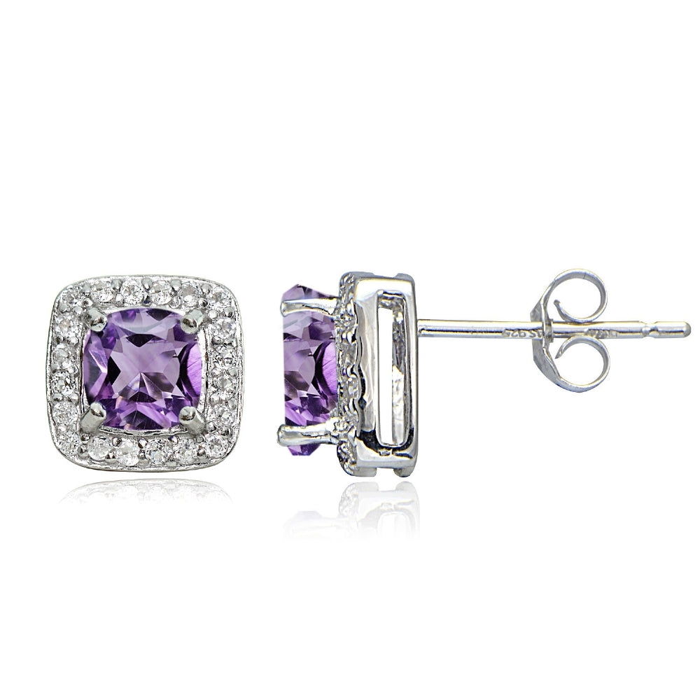 Sterling Silver 1.75ct Amethyst & White Topaz Cushion-Cut Stud Earrings