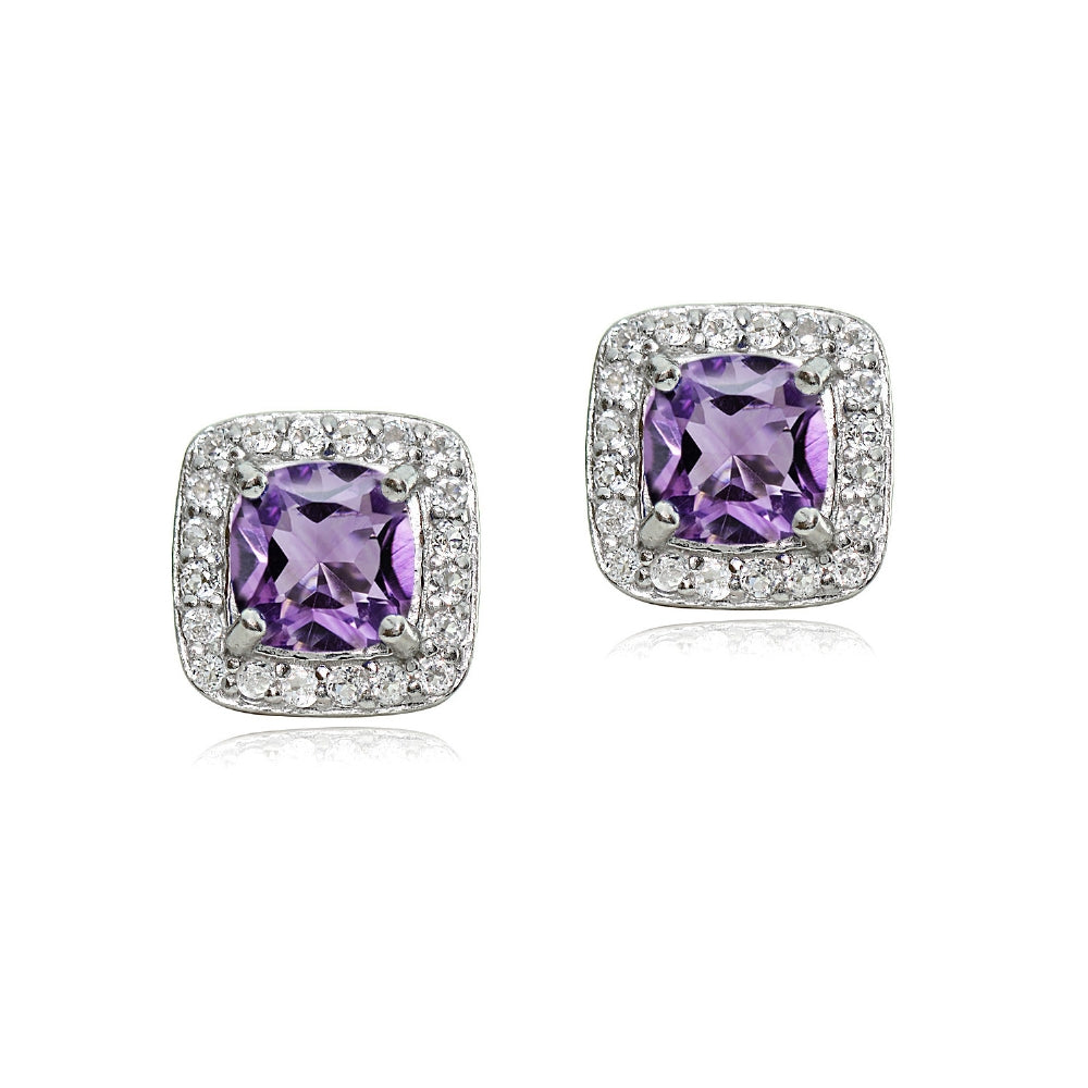 Sterling Silver 1.75ct Amethyst & White Topaz Cushion-Cut Stud Earrings-2
