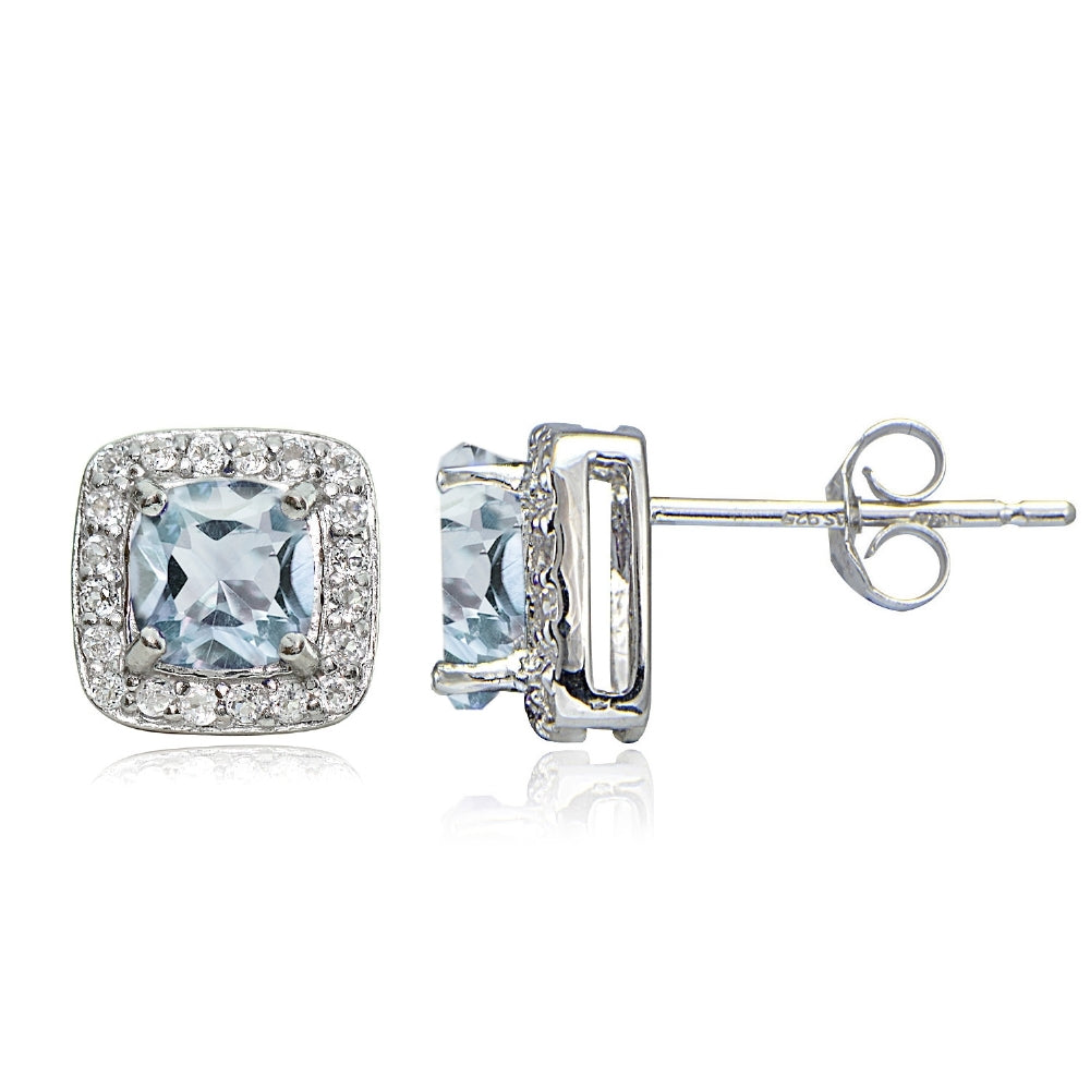 Sterling Silver 2.35ct Blue & White Topaz Cushion-Cut Stud Earrings