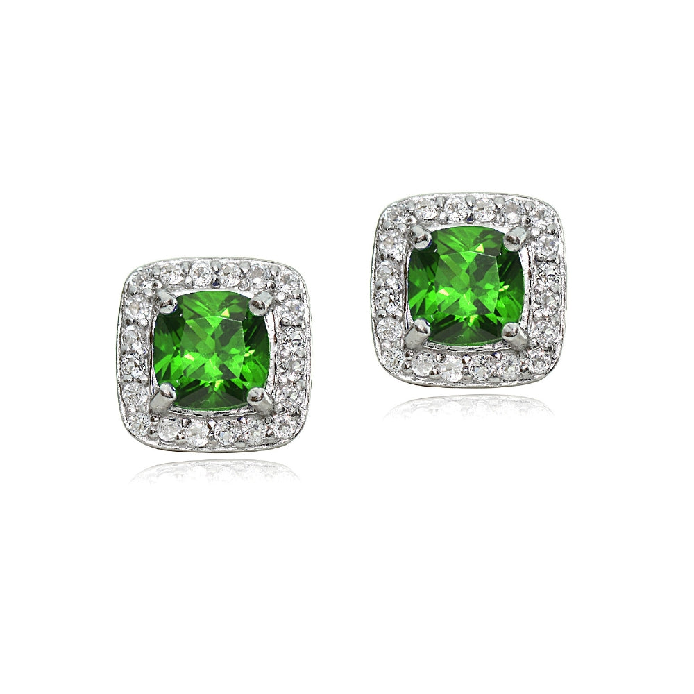 Sterling Silver 1.7ct Created Emerald & White Topaz Cushion-Cut Stud Earrings-2