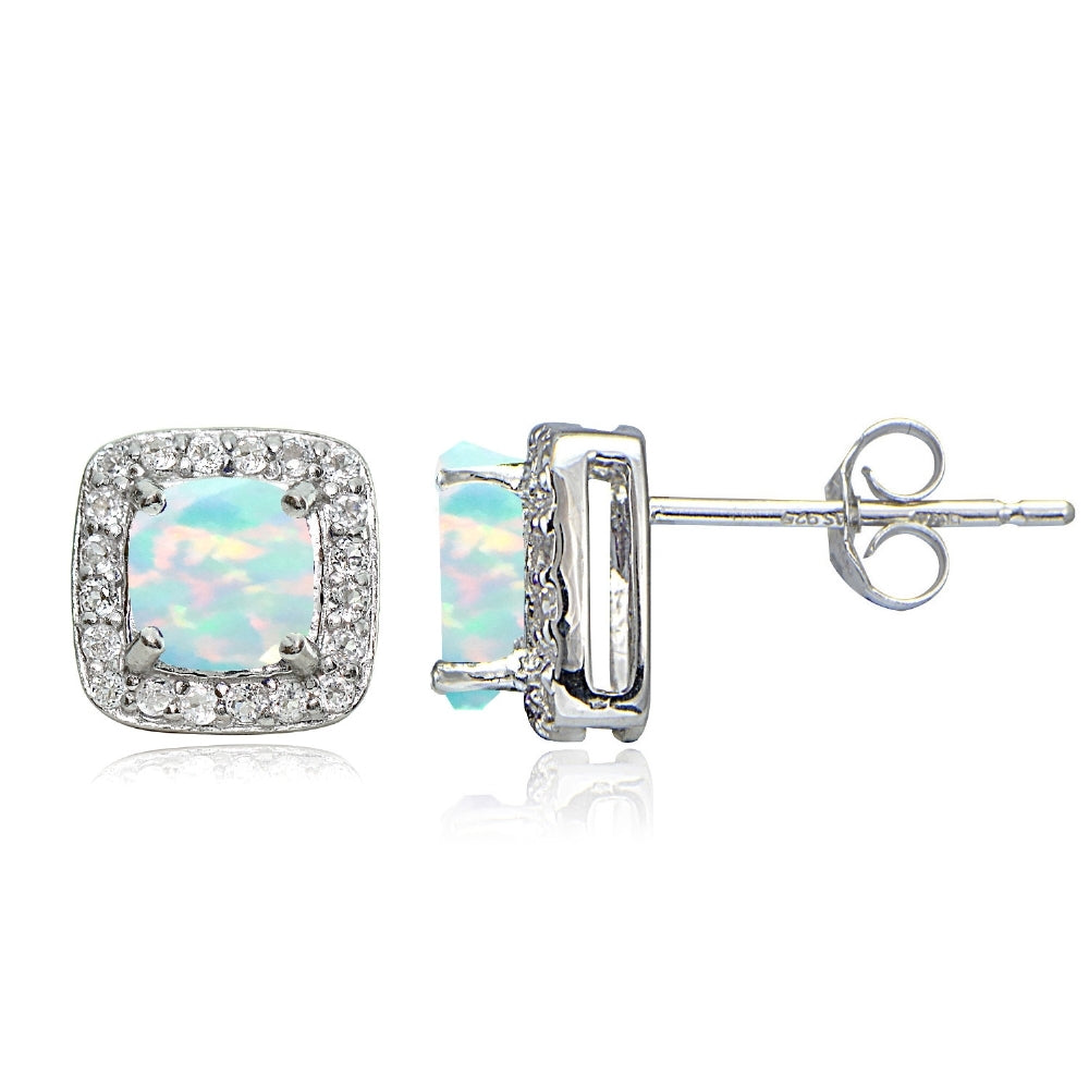 Sterling Silver Created White Opal & White Topaz Cushion-Cut Stud Earrings