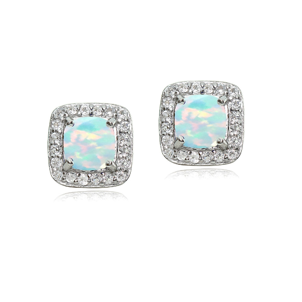 Sterling Silver Created White Opal & White Topaz Cushion-Cut Stud Earrings-2