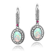 Sterling Silver Diamond Accent Created White Opal & Pink Sapphire Oval Earrings