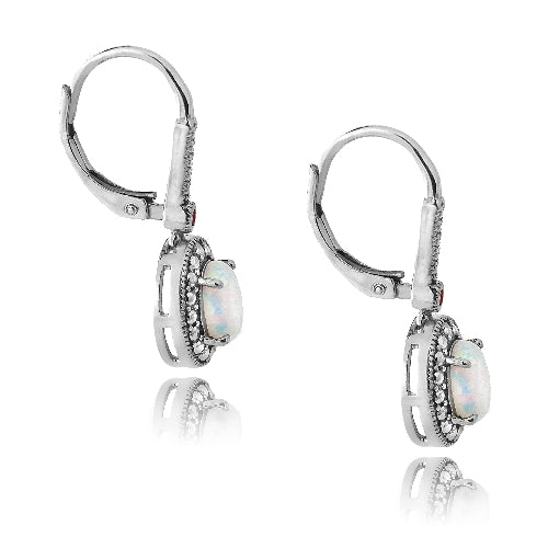 Sterling Silver Diamond Accent Created White Opal & Pink Sapphire Oval Earrings-2