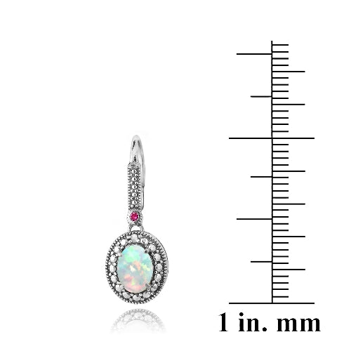 Sterling Silver Diamond Accent Created White Opal & Pink Sapphire Oval Earrings-3