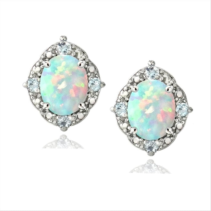 Sterling Silver Diamond Accent Created White Opal & Blue Topaz Oval Stud Earrings