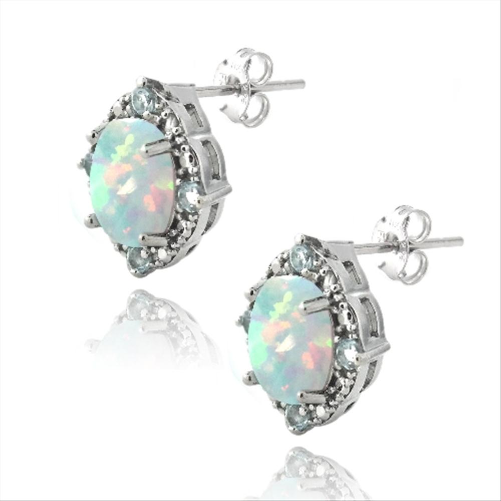 Sterling Silver Diamond Accent Created White Opal & Blue Topaz Oval Stud Earrings-2