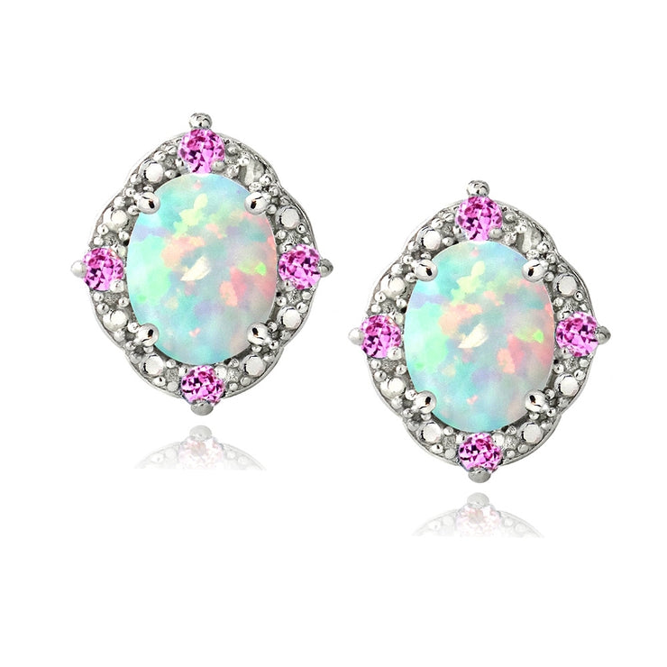 Sterling Silver 2.86ct Created Opal & Pink Sapphire Diamond Accent Oval Earrings