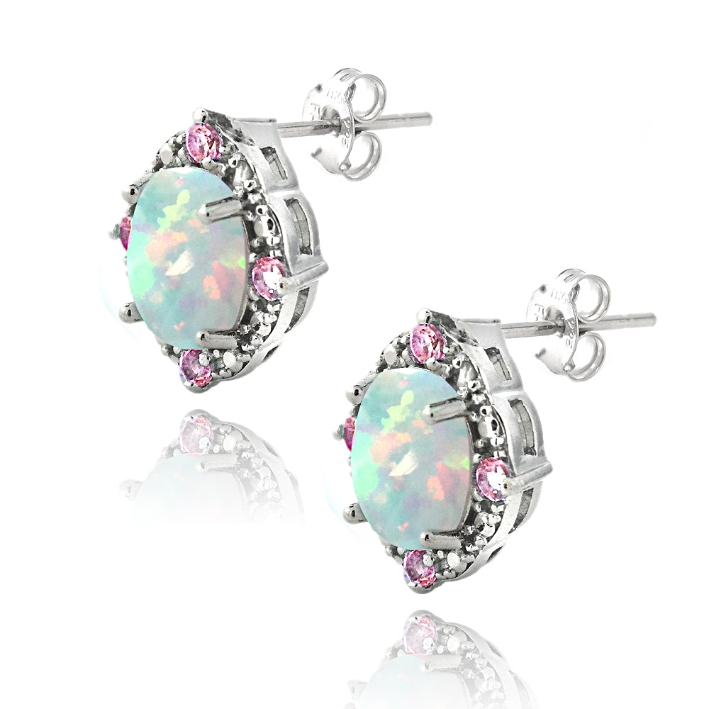 Sterling Silver 2.86ct Created Opal & Pink Sapphire Diamond Accent Oval Earrings-2