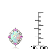 Sterling Silver 2.86ct Created Opal & Pink Sapphire Diamond Accent Oval Earrings