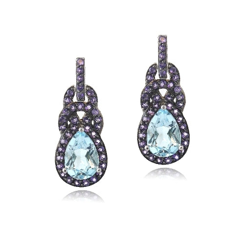 Sterling Silver Blue Topaz & Amethyst Twist Teardrop Dangle Earrings-2