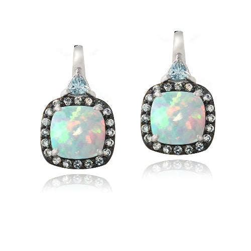 Sterling Silver Created White Opal & Blue Topaz Square Drop Earrings