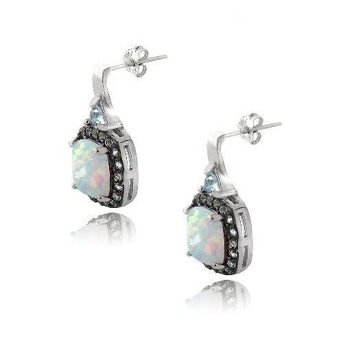 Sterling Silver Created White Opal & Blue Topaz Square Drop Earrings-2