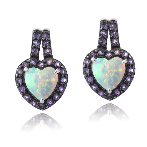 Sterling Silver Created White Opal & Amethyst Heart Drop Earrings