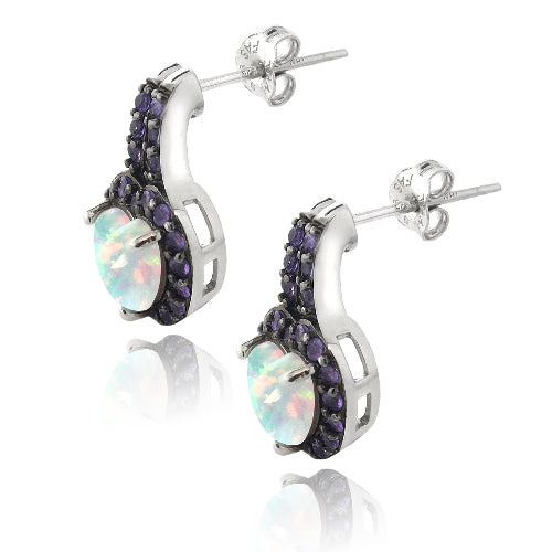 Sterling Silver Created White Opal & Amethyst Heart Drop Earrings-2