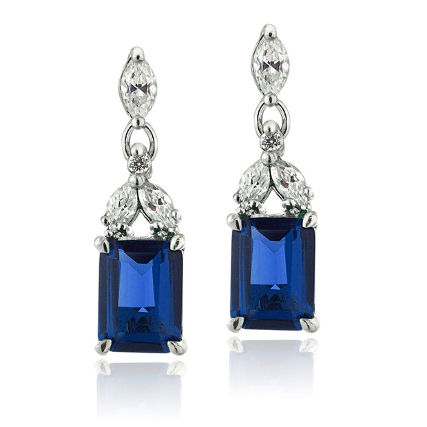 Sterling Silver Created Blue Sapphire & CZ Rectangle Dangle Earrings