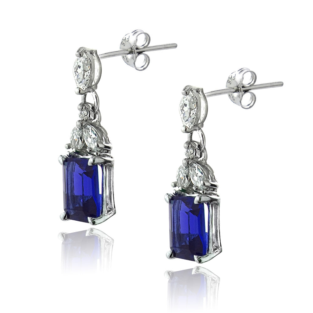 Sterling Silver Created Blue Sapphire & CZ Rectangle Dangle Earrings-2
