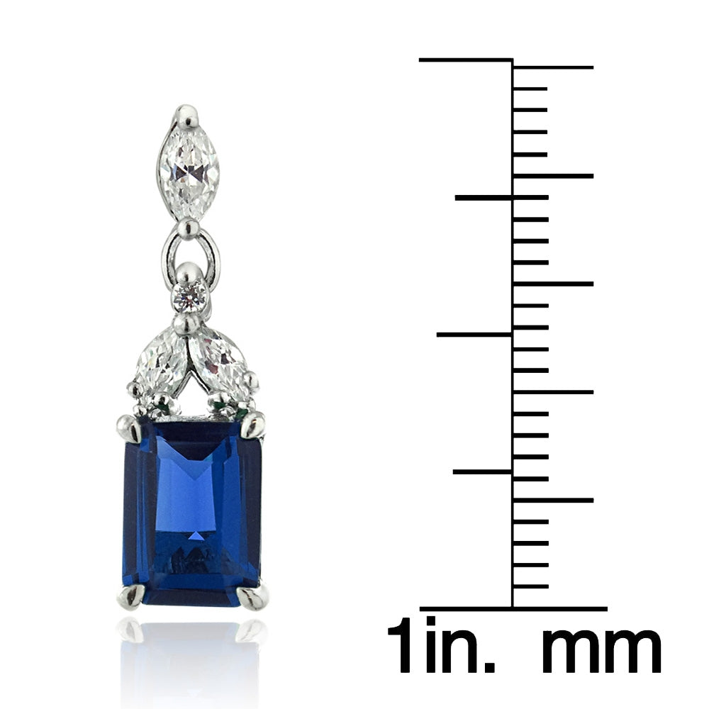 Sterling Silver Created Blue Sapphire & CZ Rectangle Dangle Earrings-3