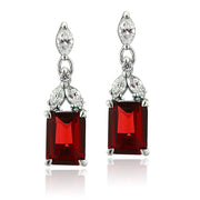 Sterling Silver Created Ruby & CZ Rectangle Dangle Earrings
