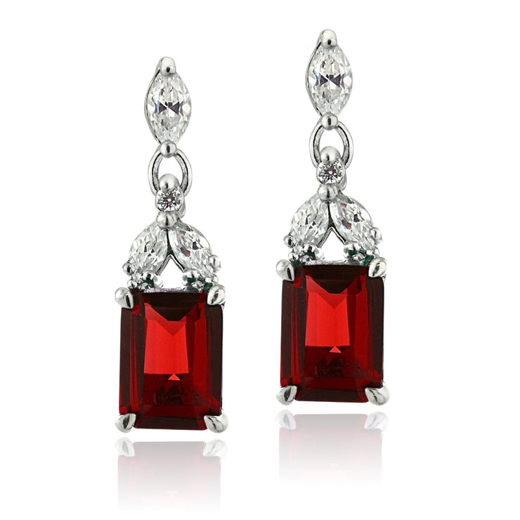 Sterling Silver Created Ruby & CZ Rectangle Dangle Earrings