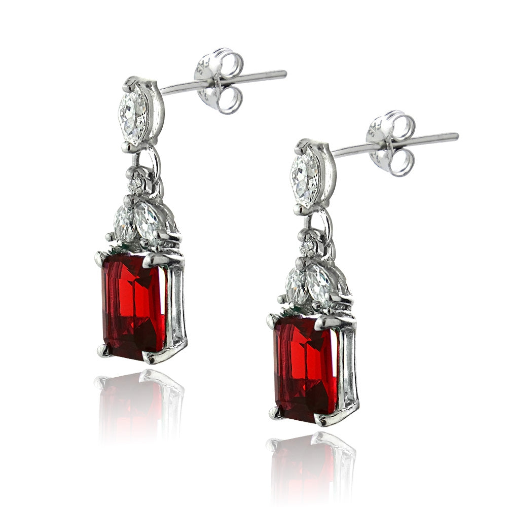 Sterling Silver Created Ruby & CZ Rectangle Dangle Earrings-2
